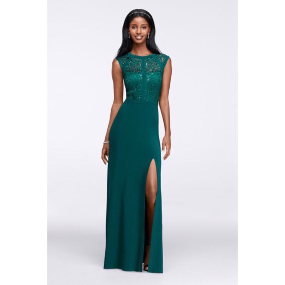 MORGAN & CO BANDED LACE CAP-SLEEVE LONG DRESS